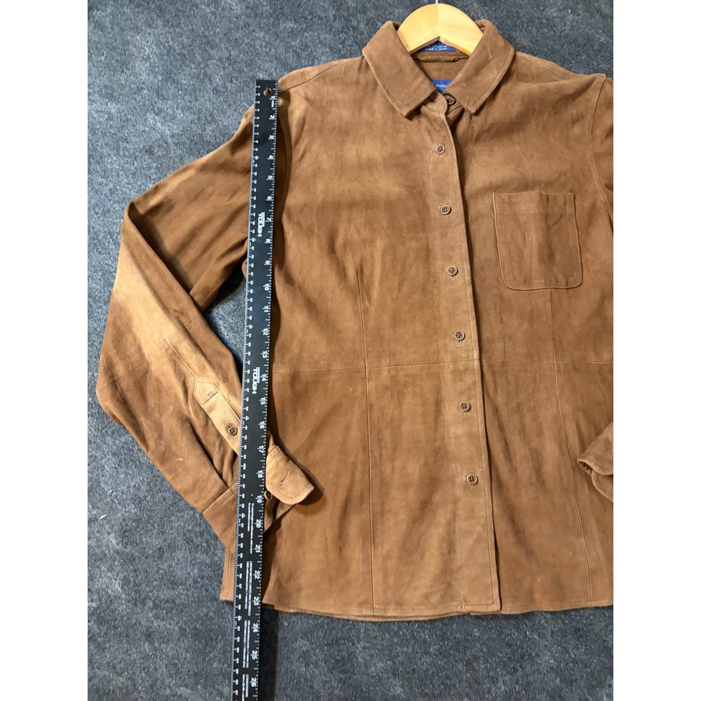 Womens Brown Suede Leather Button Front Shirt Jacket Long Sleeve Size M - Picture 4 of 16